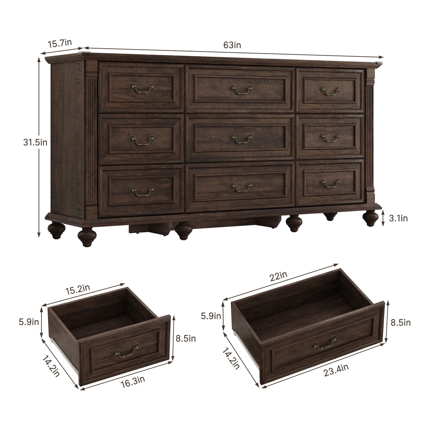 Farmhouse 9 Drawer Dresser for Bedroom with 6 Gourd Feet and Roman Column Decor 63 Inch Wide Wood Country Rustic Chest of Drawers