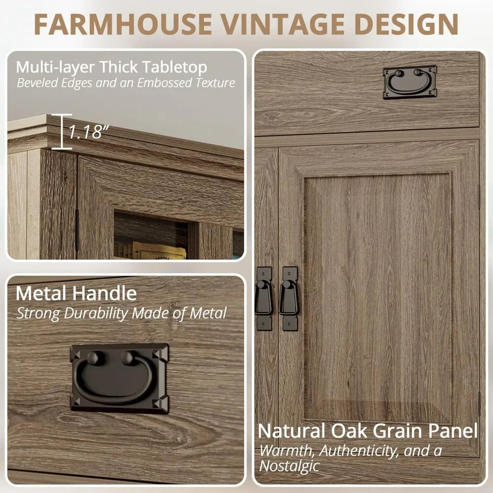 Kitchen Pantry with Power Outlets Farmhouse Storage Cabinet Coffee Bar with Glass Doors and Glasses Holder Large Drawer