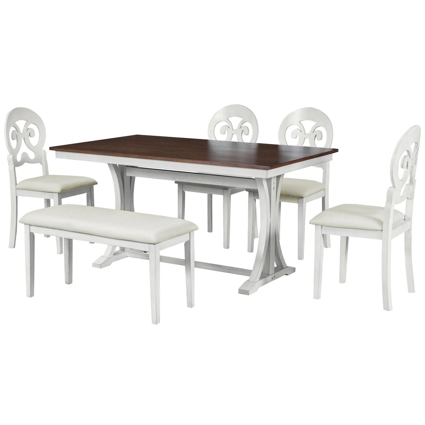 TOPMAX Mid Century 6 Piece Trestle Table Set with Victorian Round Upholstered Dining Chairs and Long Bench