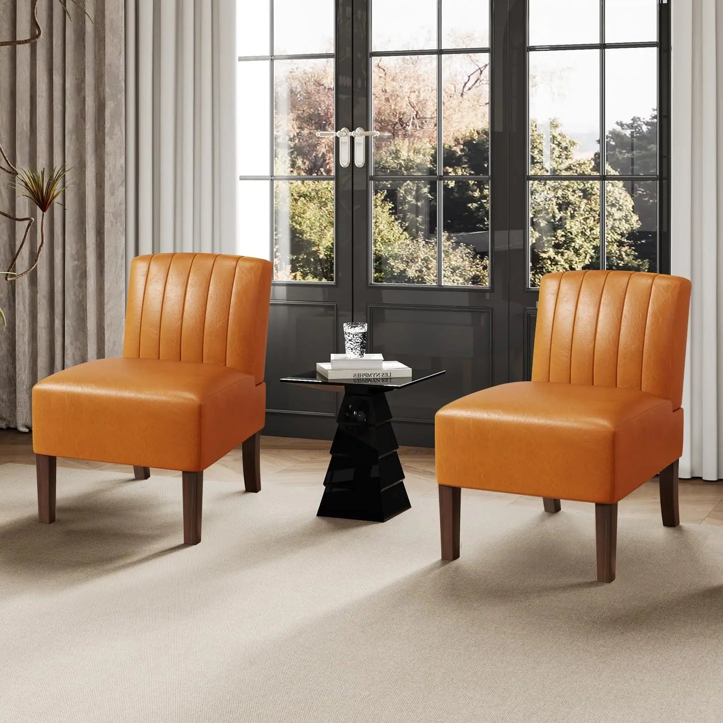 Accent Chairs Set of 2 - Modern Slipper Chairs for Living Room, Solid Wood Legs, Comfy Upholstered Fabric in Black