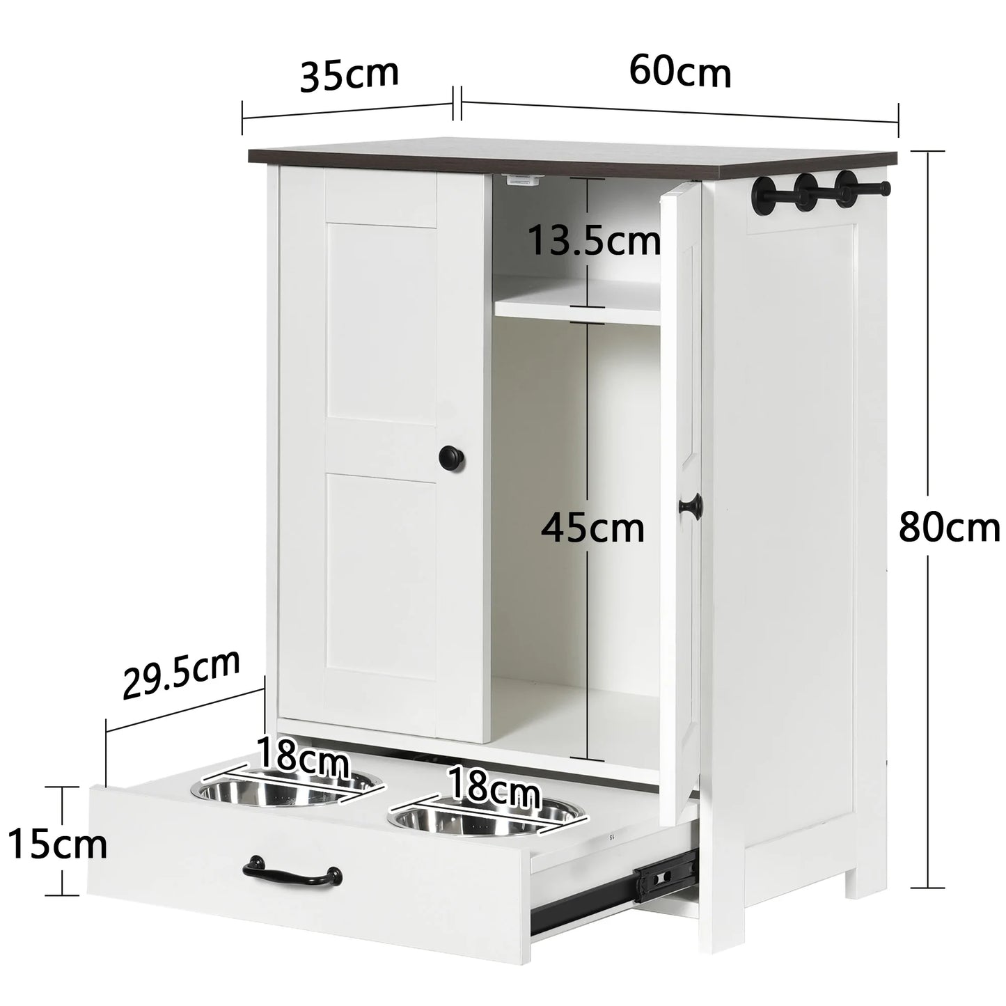 Pet Feeding Station Food Storage Cabinet with Hidden Detachable Stainless Steel Dog Bowls and Hooks for Medium Sized Dogs