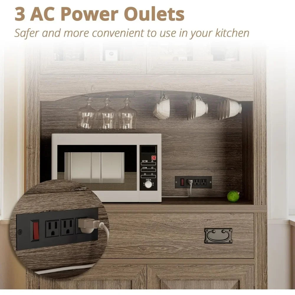 Kitchen Pantry with Power Outlets Farmhouse Storage Cabinet Coffee Bar with Glass Doors and Glasses Holder Large Drawer