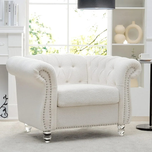 Accent Chair, Chesterfield Chair Modern Velvet Upholstered Chairs with Tufted Back for Living Room Furniture (White)