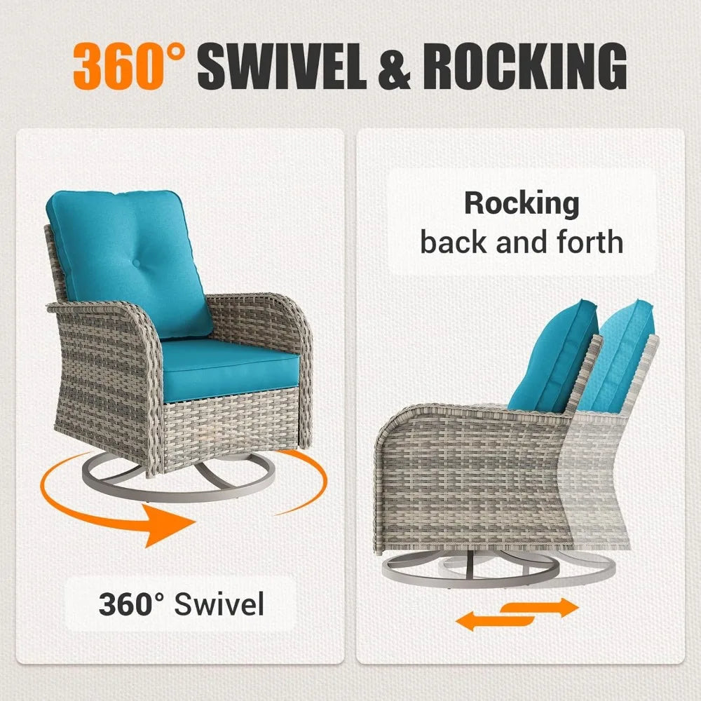 Patio Outdoor Rocking Swivel Chair Wicker Rattan Bistro Set with Tempered Glass Side Table Outdoor Furniture Set