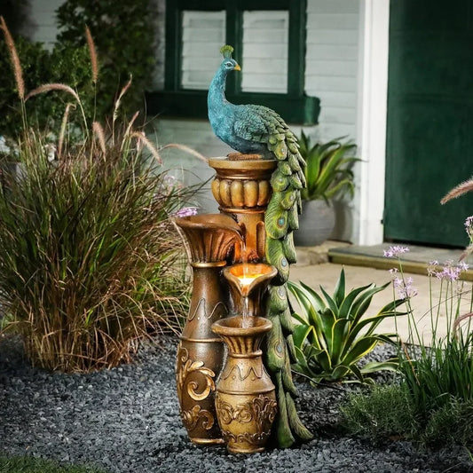 LuxenHome Outdoor Water Fountain 44 Inch Resin Peacock Water Fountain with Urns and LED Light Tall Outdoor Fountains