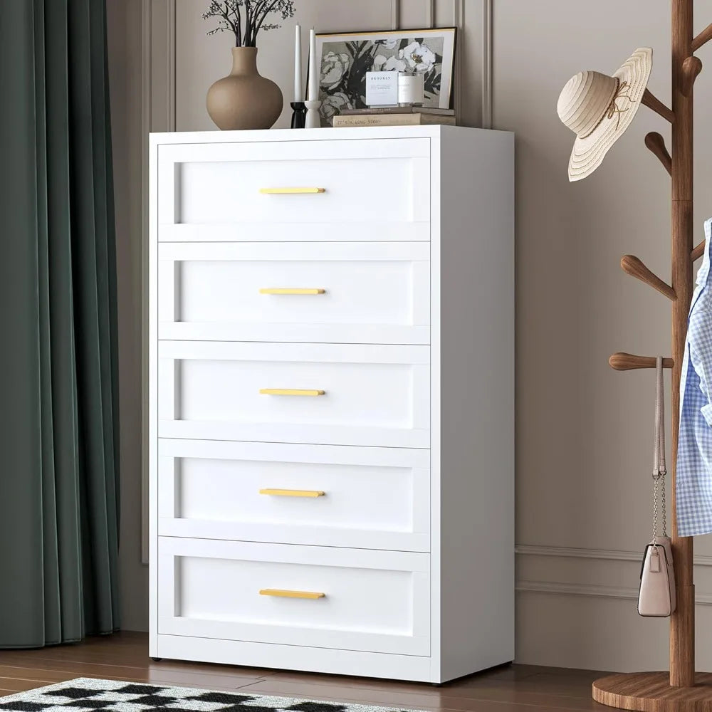 5 Drawer Metal Dresser for Bedroom Tall White and Gold Dresser for Closet Modern Metal Chest of Drawers