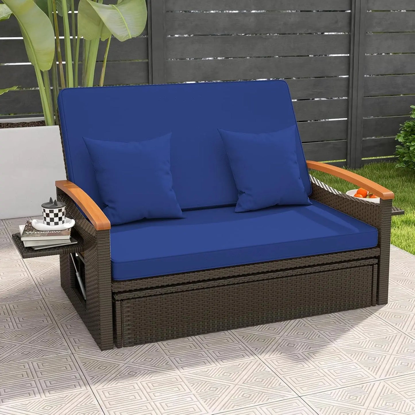 Moccha Outdoor Wicker Daybed Patio Rattan Loveseat Sofa with 4-Level Adjustable Backrest Folding Panels and Storage Ottoman