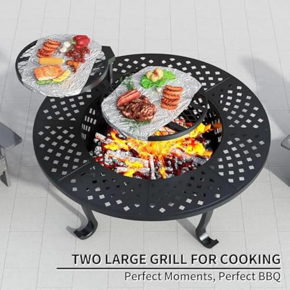 43 Inch Outdoor Wood Burning Fire Pit with 2 Grills Round Metal Table for Backyard Patio Garden