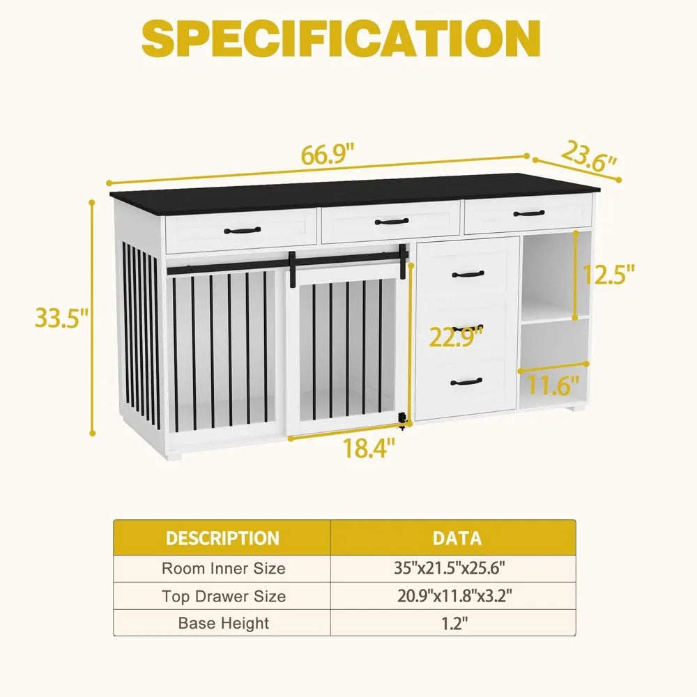 Extra Large Furniture Style Dog Crate with Drawers and Shelves 67 Inch Luxury Wooden Heavy Duty Single Room Dog Kennel Furniture