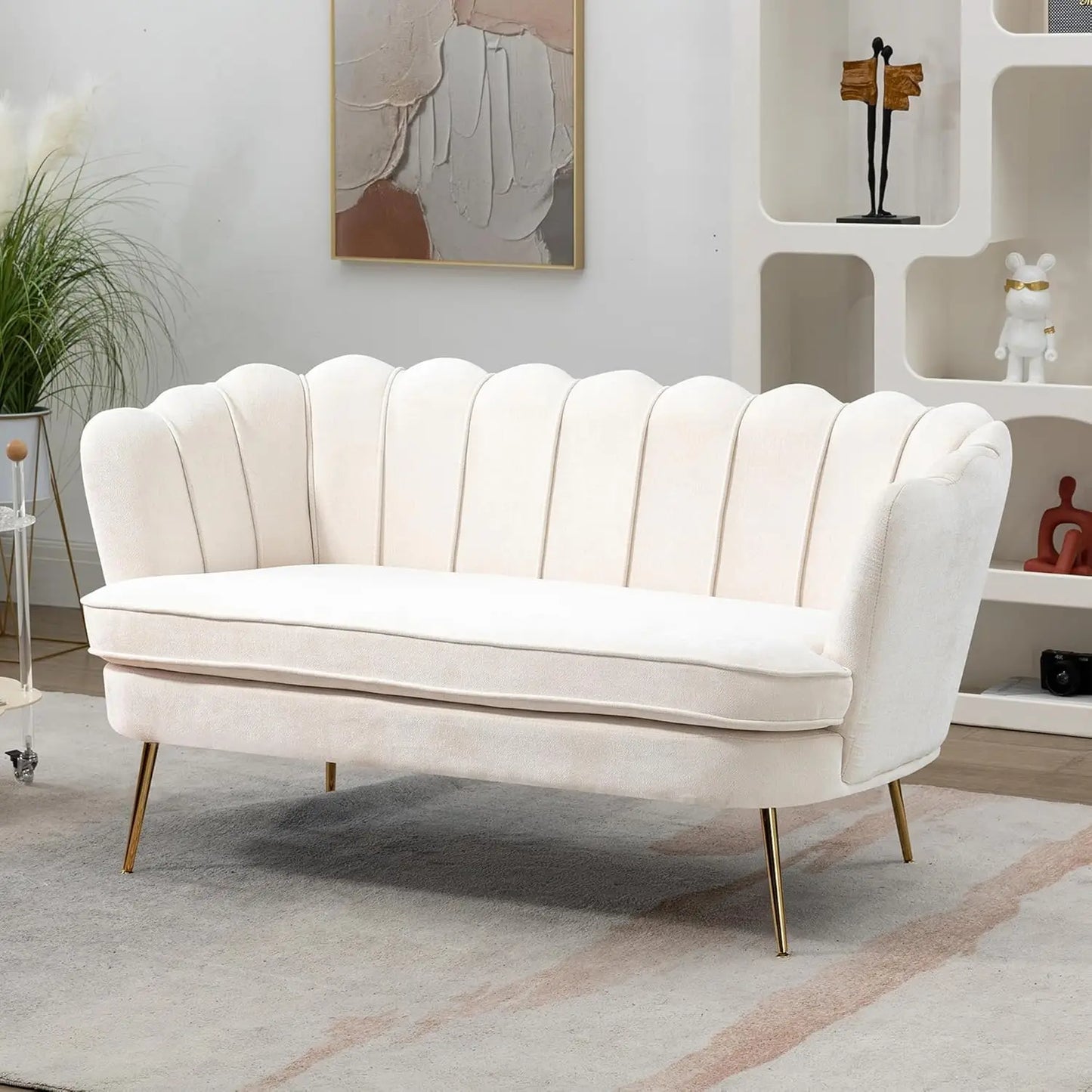 59 Inch Small Modern Chenille Loveseat Sofa 2 Seater Sofa with Gold Metal Legs Flower Shaped Back Couch for Living Room