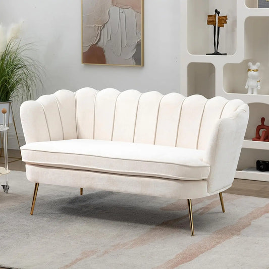 59 Inch Small Modern Chenille Loveseat Sofa 2 Seater Sofa with Gold Metal Legs Flower Shaped Back Couch for Living Room