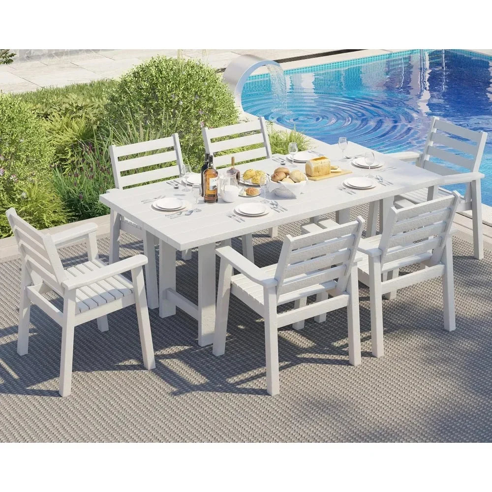 7 Piece HDPE Outdoor Dining Table Set with 6 Chairs 71 Inch Patio Dining Furniture Set with Umbrella Hole