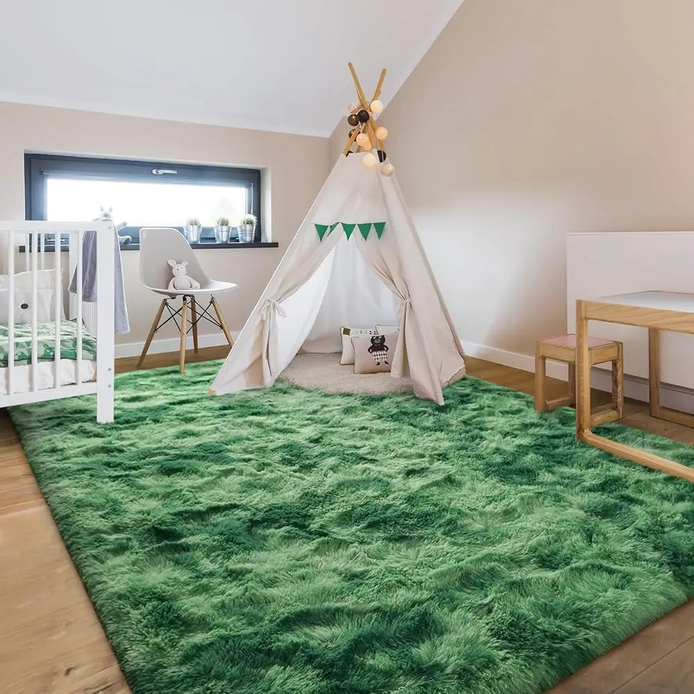 9X12 Large Area Rugs For Living Room, Super Soft Fluffy Modern Bedroom Rug, Tie-Dyed Green Indoor Shag Fuzzy Carpets For Girls