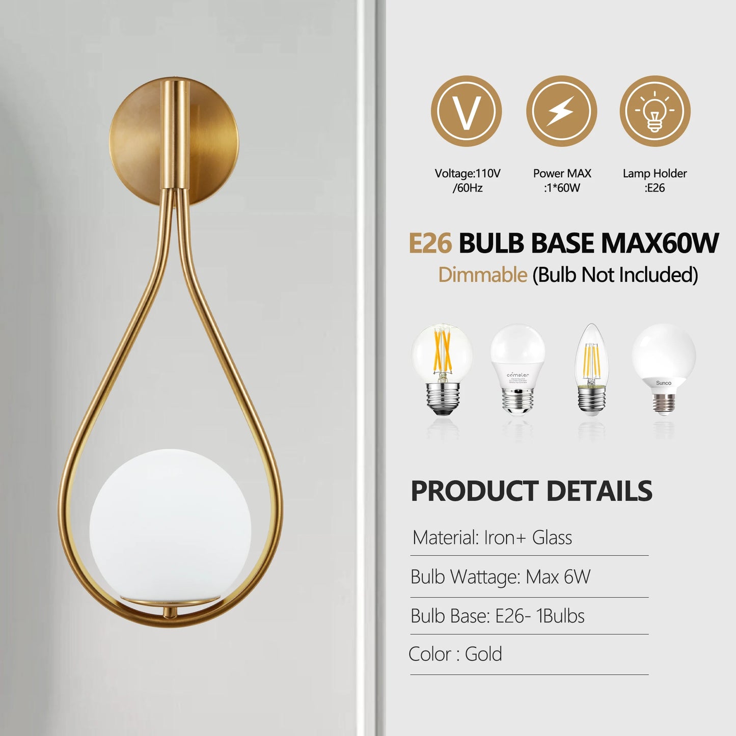 Modern golden wall lamp, white frosted glass ball, medieval design, 2 luxurious wall lamps (no bulbs)