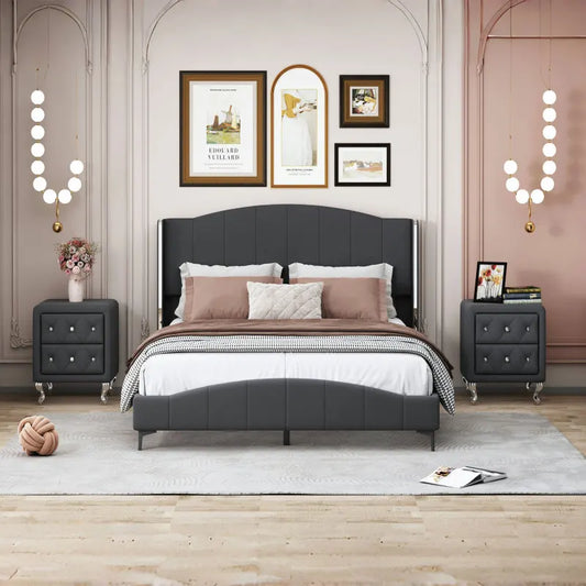 3 Pieces Bedroom Set with Queen Size PU Leather Upholstered Platform Bed and Elegant PU Nightstand with 2 Drawers in Black