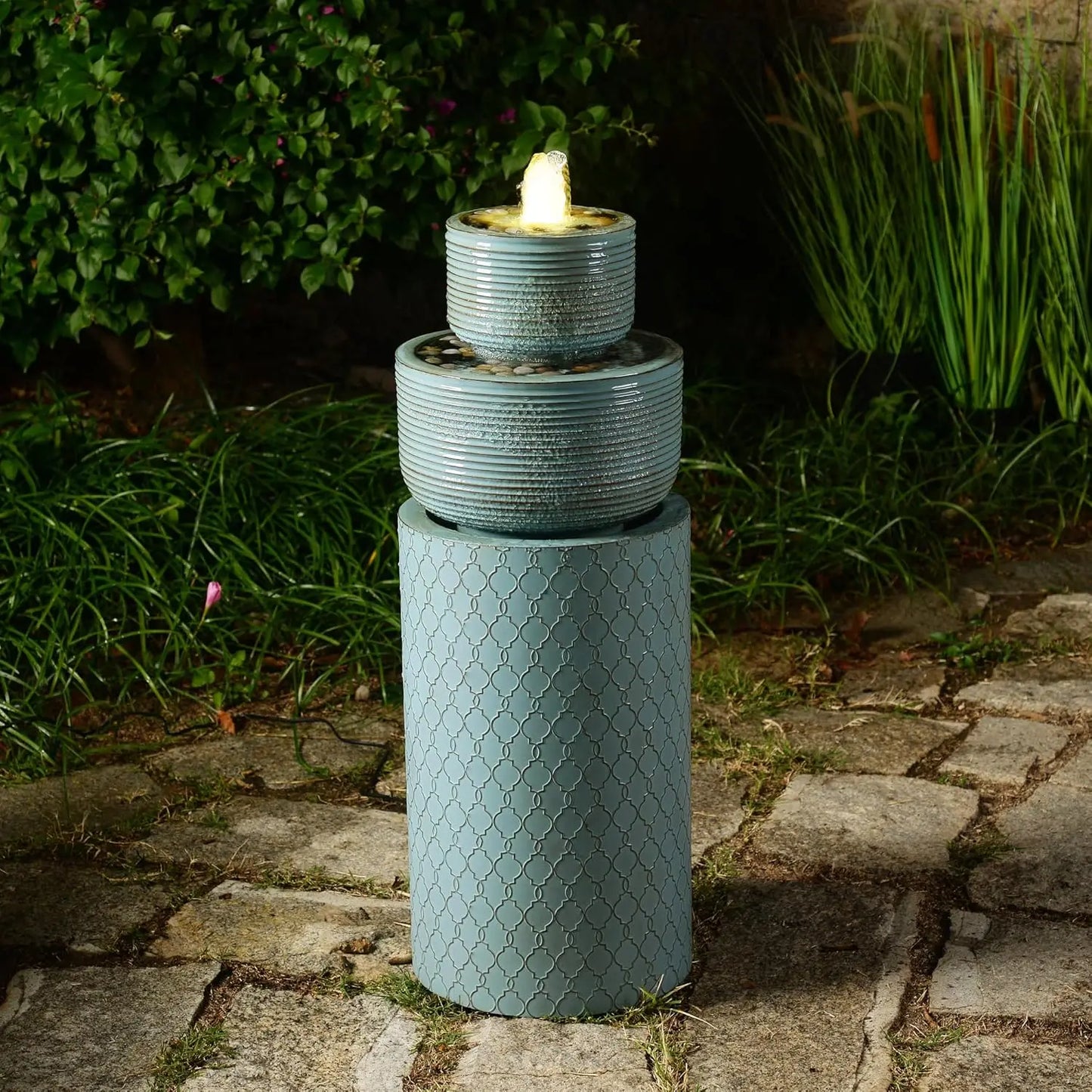 50 Inch High Outdoor Indoor Tall Waterfall Fountain with LED Lights Large Modern Cascading Bowl Fountain for Garden and Patio