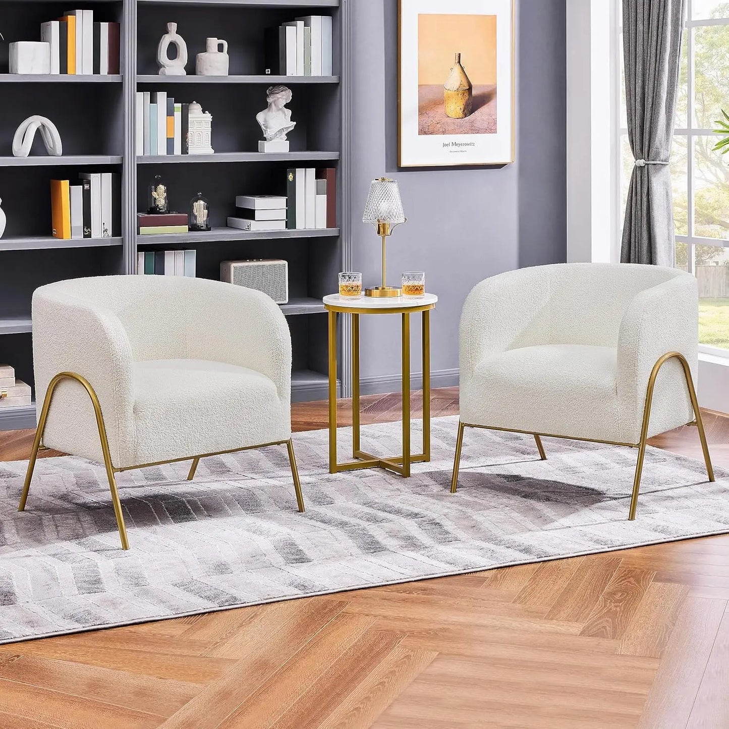 Set of 2 Armchair Set Side Chairs for Living Room Boucle Fabric Vanity Chairs with Gold Legs for Bedroom Office Reading Nook