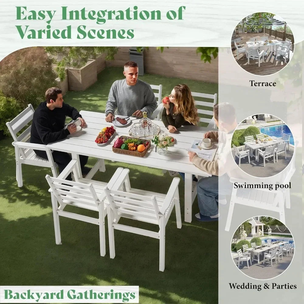 7 Piece HDPE Outdoor Dining Table Set with 6 Chairs 71 Inch Patio Dining Furniture Set with Umbrella Hole