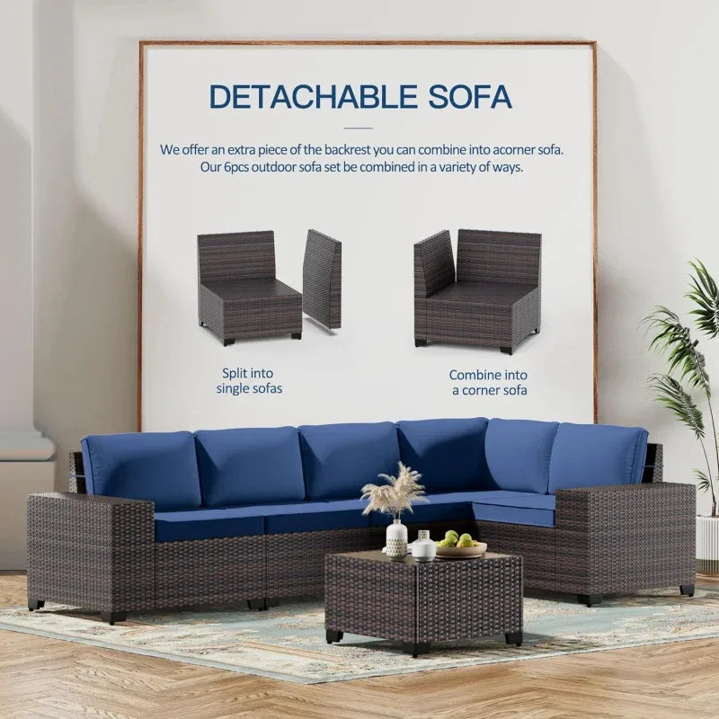 QWQkulavik 6 Piece Outdoor Furniture Set PE Wicker Rattan Sectional Sofa Patio Conversation Sets Navy Blue