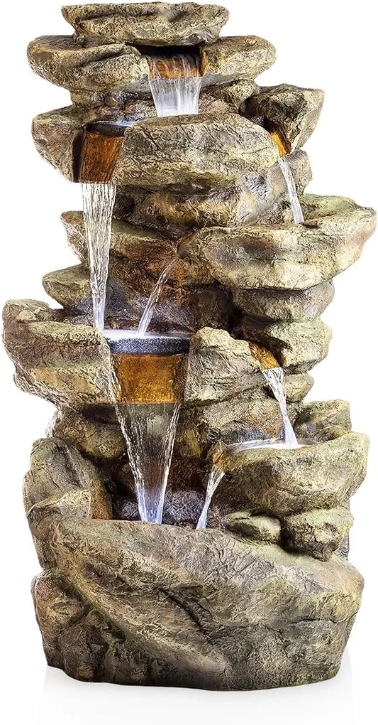 51 Inch Outdoor Six Story Fountain with LED Lights and Natural Stone Appearance for Gardens and Rock Waterfall Fountains