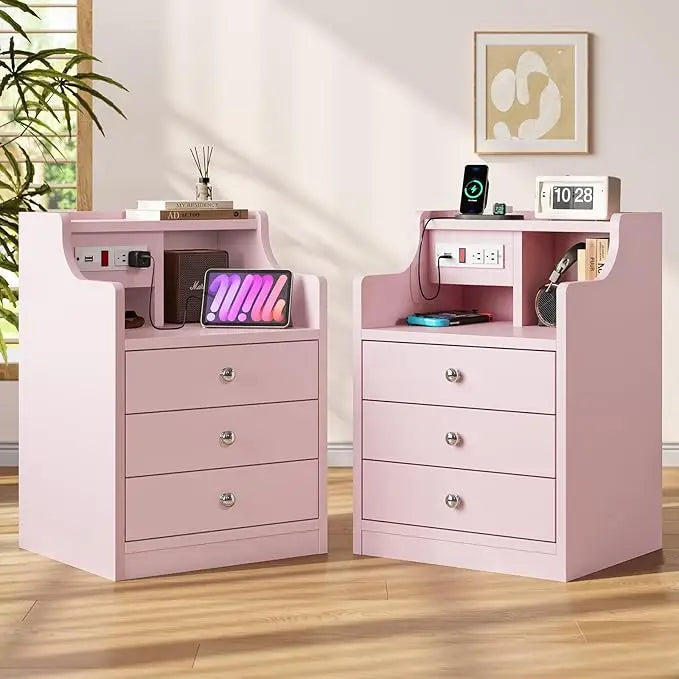 Nightstand with Charging Station and 3 Storage Drawers Modern Bedside Table with Hutch