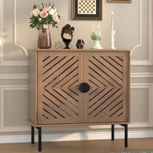 Accent Cabinet with 2 Hollow Doors Modern Buffet Cabinet with Adjustable Shelves and Metal Handle Decorative Credenza for Living Room
