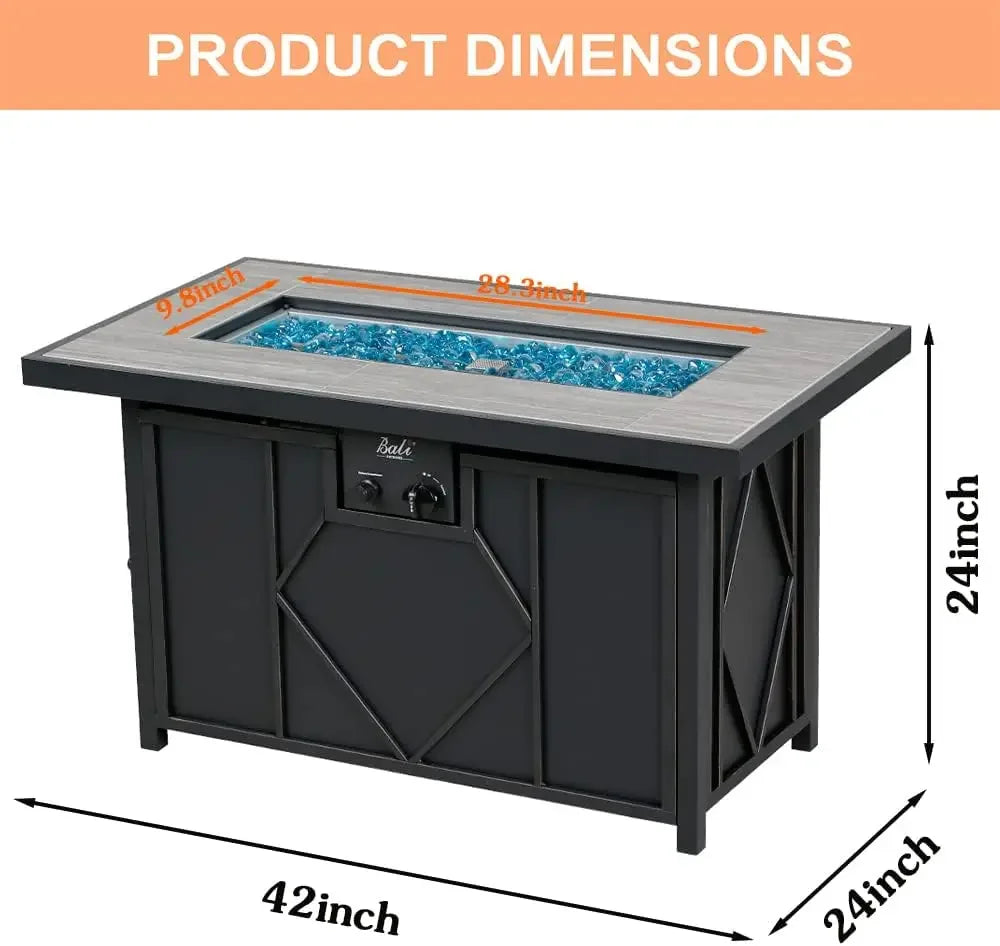 Gas Fire Table 42 Inch Ceramic Tabletop Propane Firepit 60000 BTU Outdoor Dinner Coffee Table for Patio Backyard