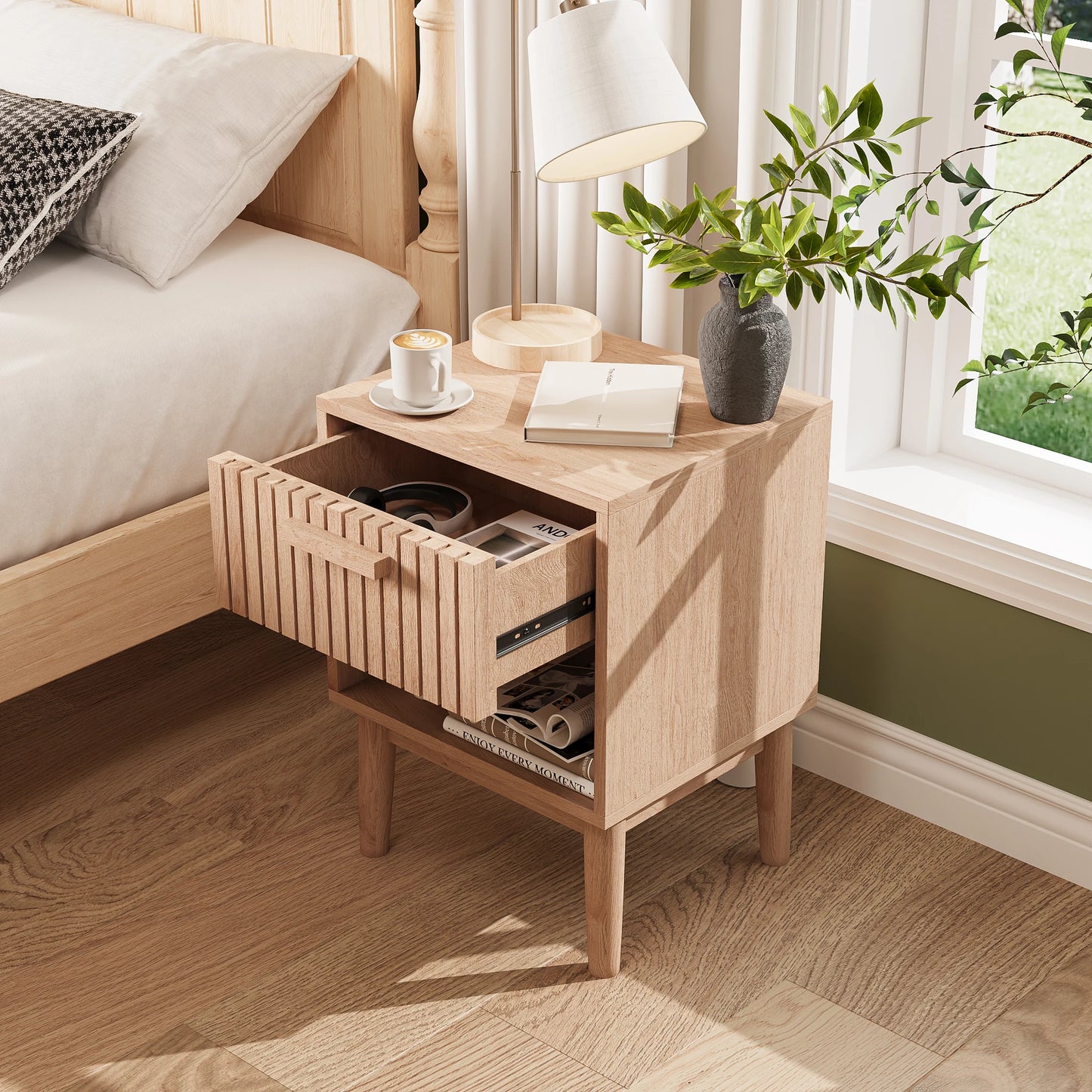 Bedside Table Set of 2, Bedside Table with 1 Open Shelf and 1 Drawer,Modern Bedside Table, 40x35x55cm, for Bedroom, Living Room