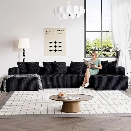131 Inch Modular Sectional Couch Luxury Black Sectional Couches for Living Room Comfy Corduroy Sofa with Chaise Lounge