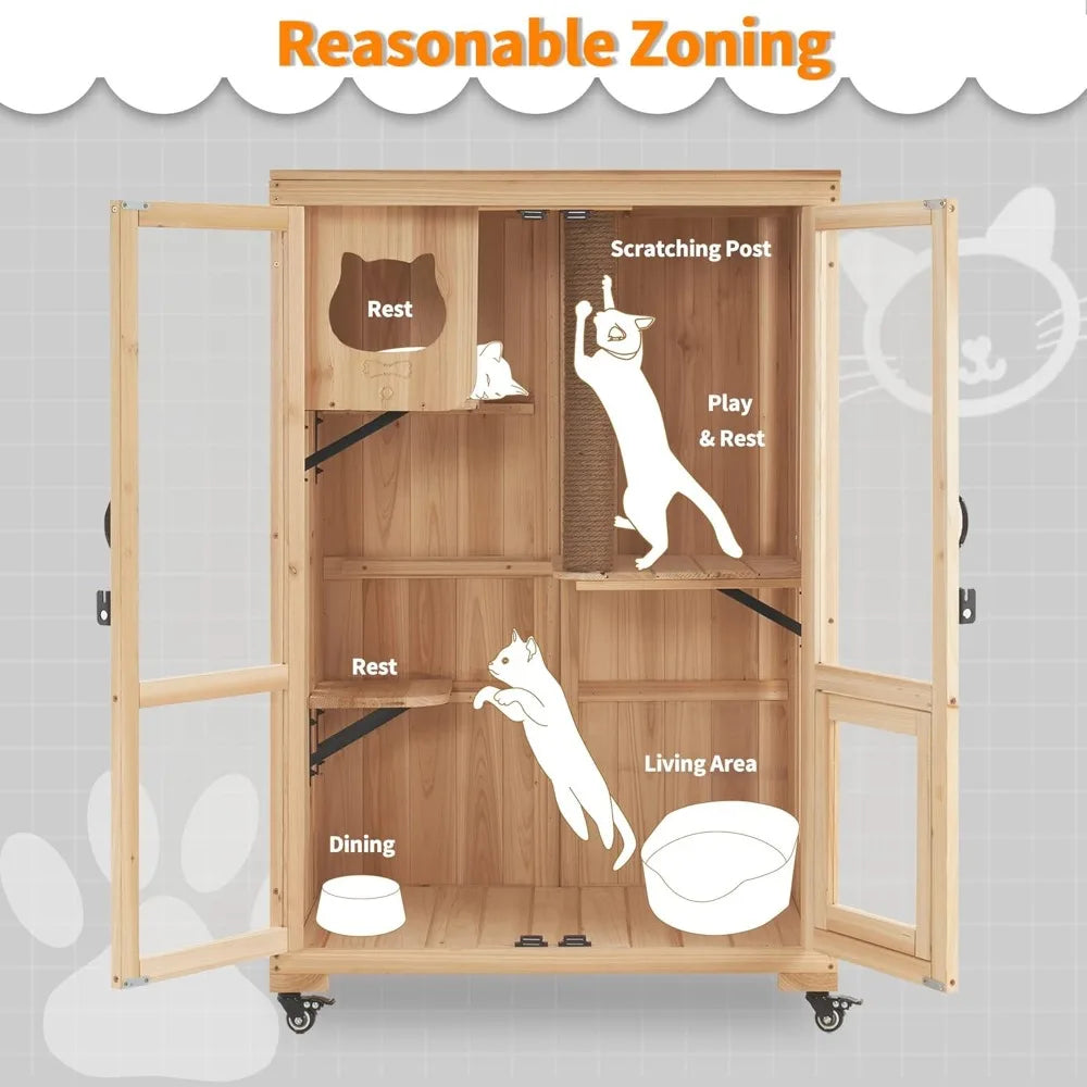 Luxury Cat House with Scratching Post Wooden Multi Feature Large Cat Condo with Escape Door and Wheels Kitten Cages with Shelves