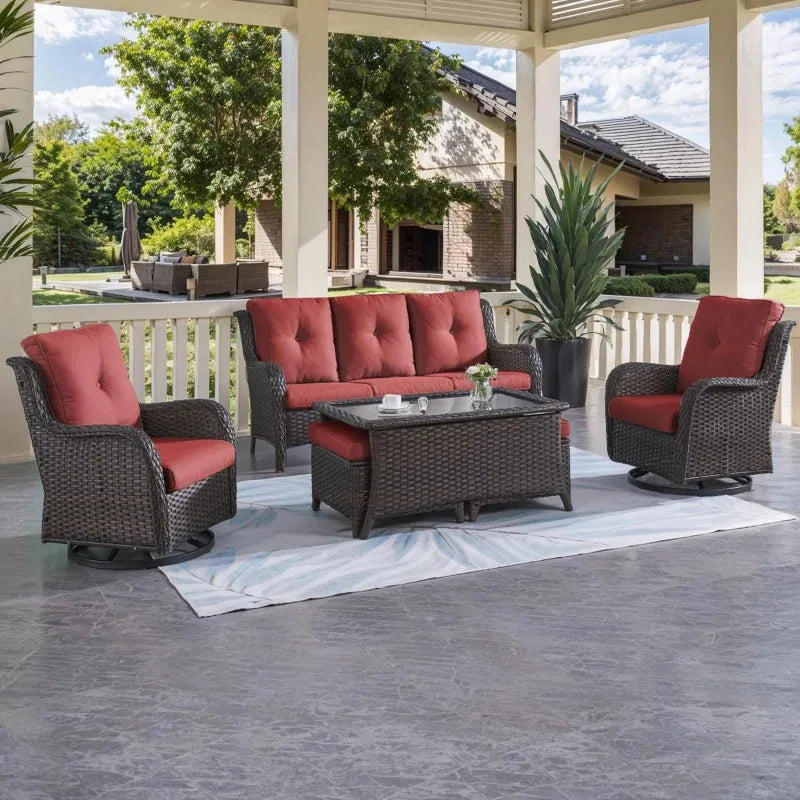 QWHumnuh 6 Pieces Outdoor Furniture Set PE Wicker Sofa with Swivel Rocking Chairs Ottomans and Coffee Table