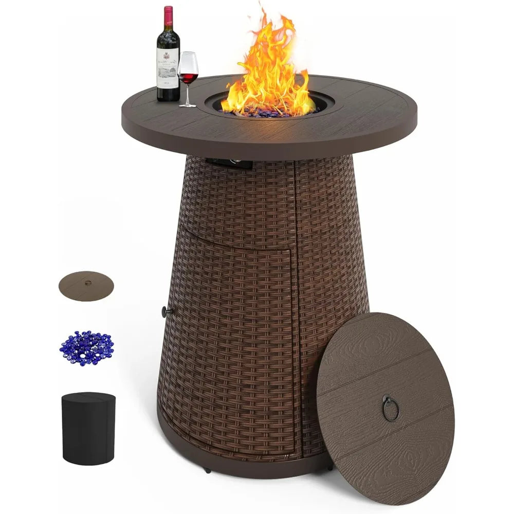 37 Inch Propane Fire Pit Table Outdoor Round Bar High Fire Tables Gas Firepits for Patio Wicker Firepit with Glass F