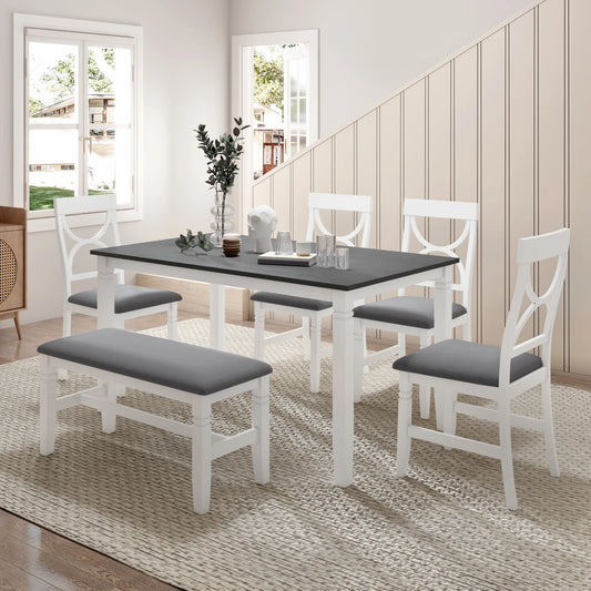 Topmax 6 Piece Wood Dining Table Set Kitchen Table Set with Upholstered Bench and 4 Dining Chairs Farmhouse Style