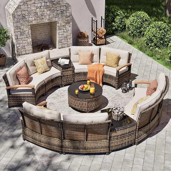 Multi Piece Outdoor Patio Furniture Sets Half Moon Curving Rattan Sofa Conversation Set
