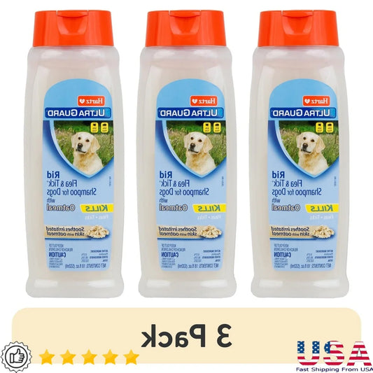 UltraGuard Flea Tick Oatmeal Shampoo Dogs 3 Pack 18oz Cleansing Formula Fast Acting Puppies Soothe Dry Skin Vanilla Scent