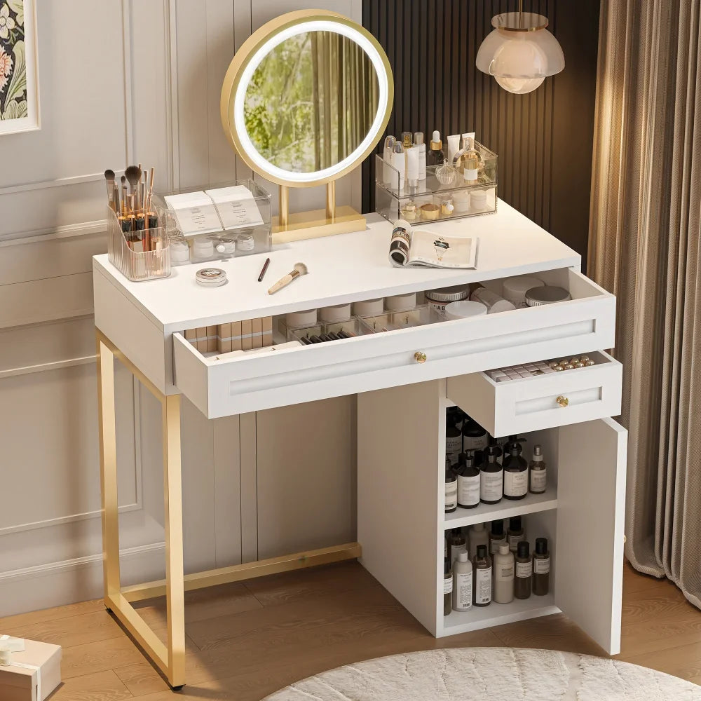 Makeup Vanity Desk with Mirror Luxury Vanity Desk with 2 Drawers 1 Cabinet and 3 Lighting Modes Dressing Table for Bedroom