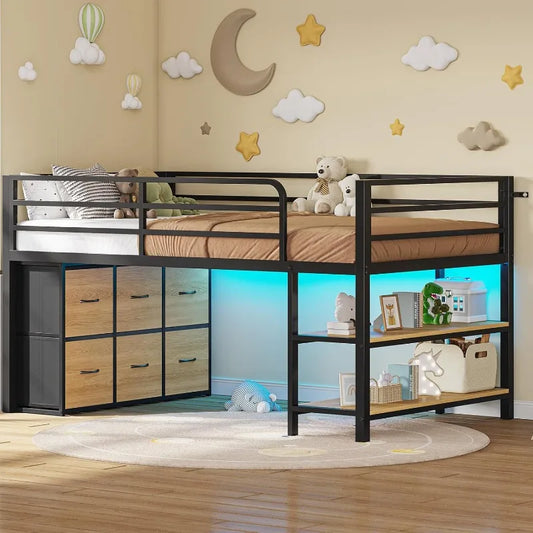 Twin Size Low Loft Bed with 6 Fabric Storage Drawers, Metal Loft Bed Twin with LED Lights & Open Storage Shelves