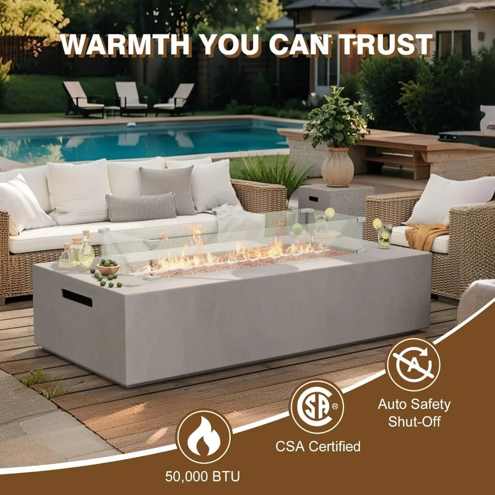3 Piece Propane Fire Pit Table Set with Tank Table and Glass Wind Guard 56 Inch Outdoor Gas Fire Table 50000 BTU Modern Rectangle Fire Pit