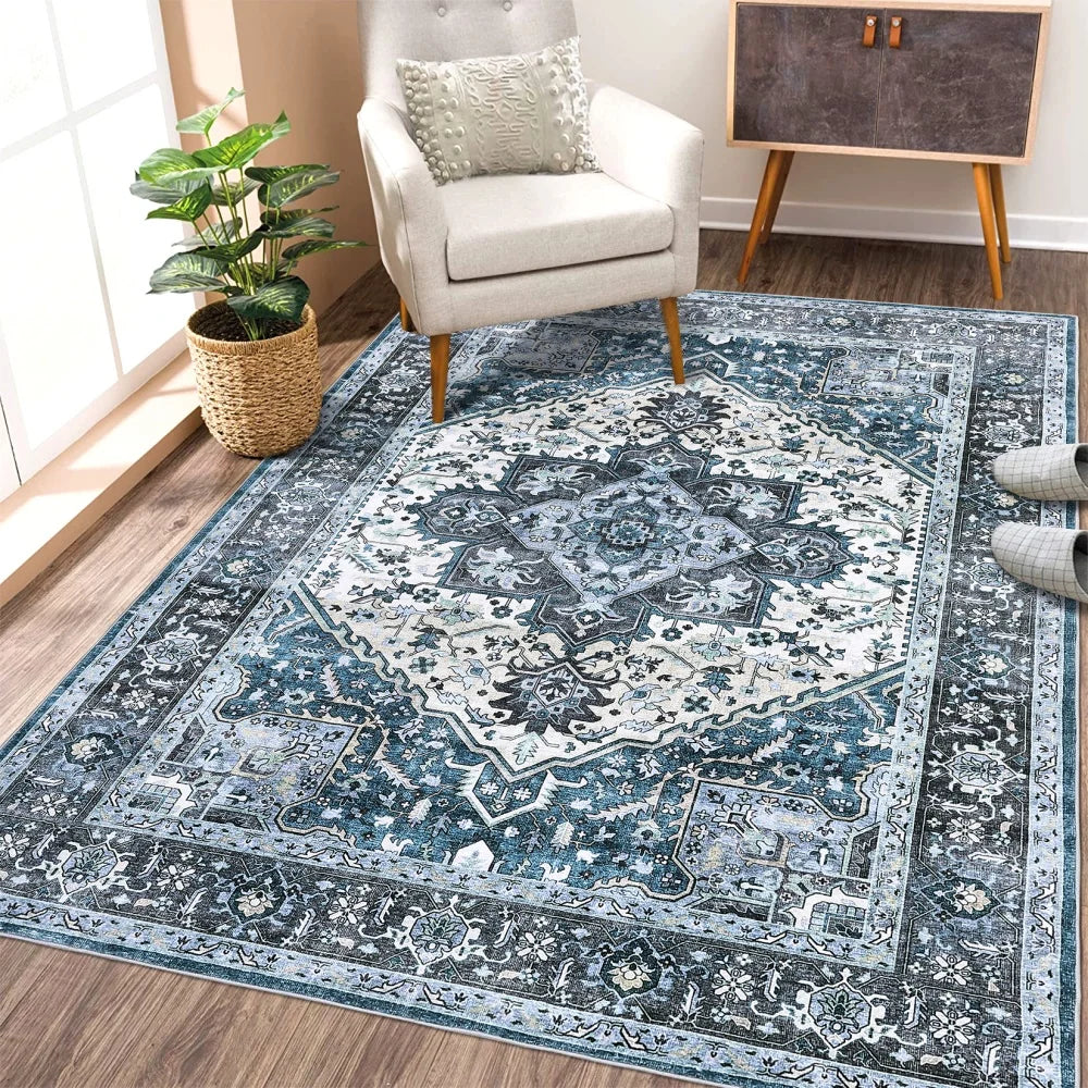 Washable Area Rugs 8x10 Living Room Rug Vintage Medallion Throw Rug Soft Floor Cover Low Pile Non Slip Accent Carpet Retro Design