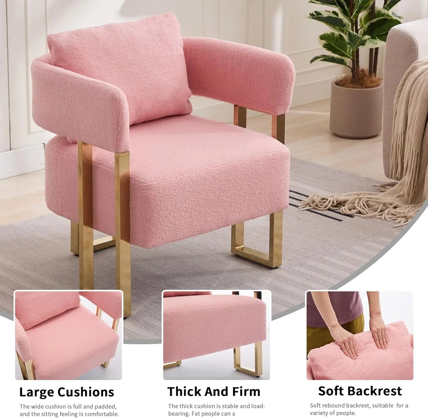 Set of 2 Pink Teddy Velvet Side Sofa with Gold Legs Tufted Plush Upholstered Reading Armchair with Lumbar Pillow Living Room Furniture