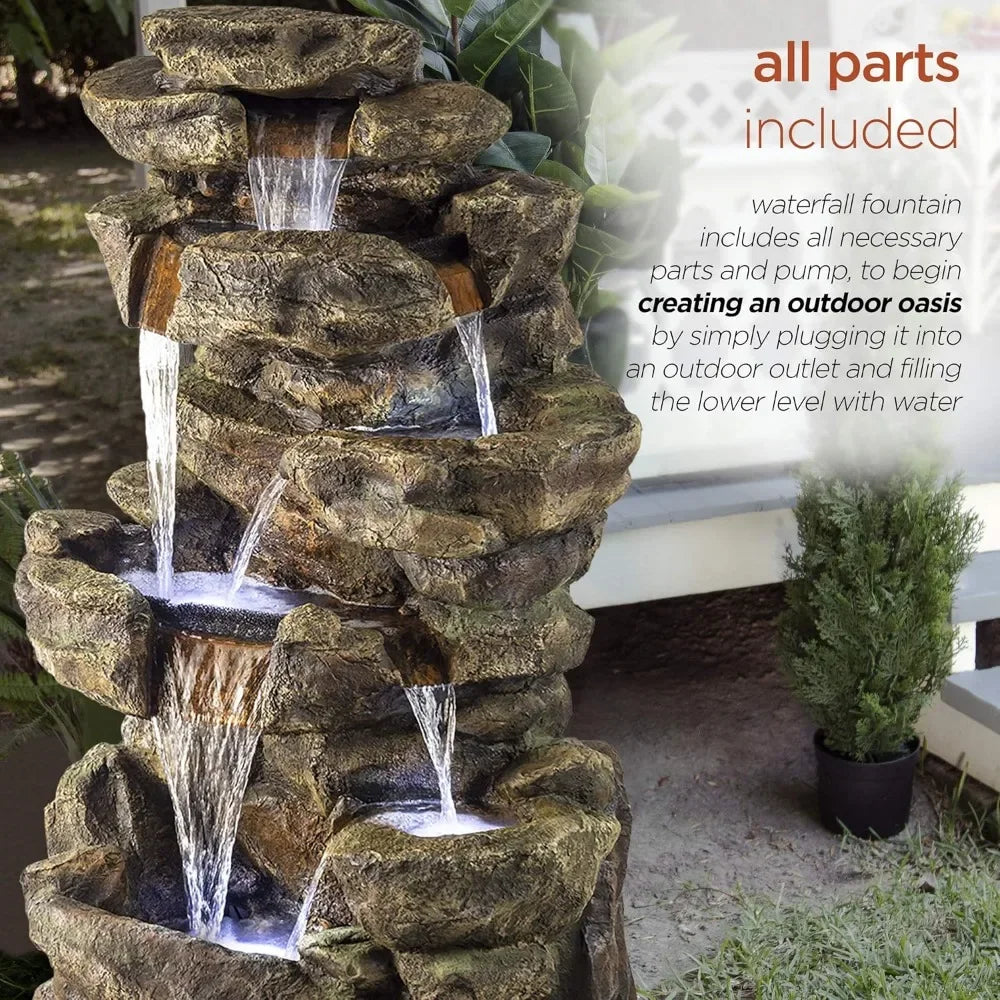 51 Inch Outdoor Six Story Fountain with LED Lights and Natural Stone Appearance for Gardens and Rock Waterfall Fountains