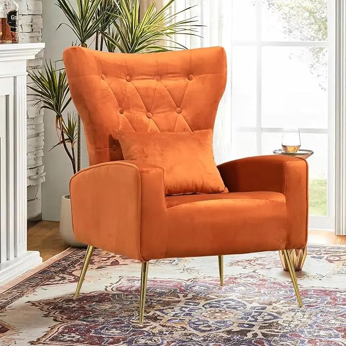 Velvet Accent Arm Chair Mid Century Modern Living Room Chair Wingback Bedroom Side Chair with Gold Legs and Pillow Button Tufted