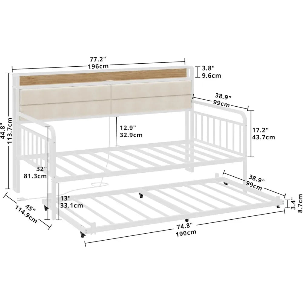 Daybed With Trundle Sturdy Metal Twin Bed Frame Upholstered Headboard Charging Station For Living Room Bedroom
