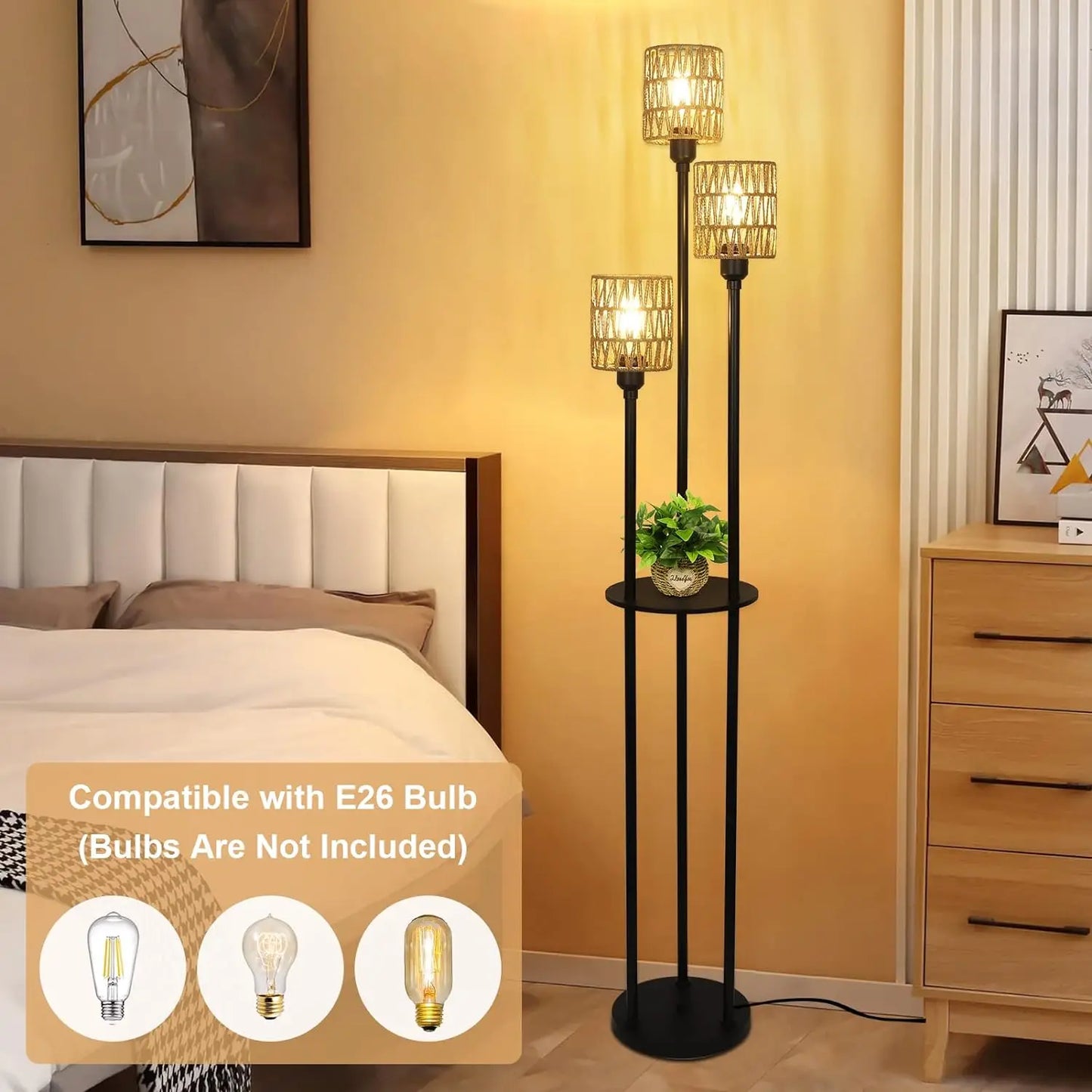 Bohemian style floor lamp with shelf, farmhouse rustic rattan standing lamp, suitable for living room, bedroom, office.