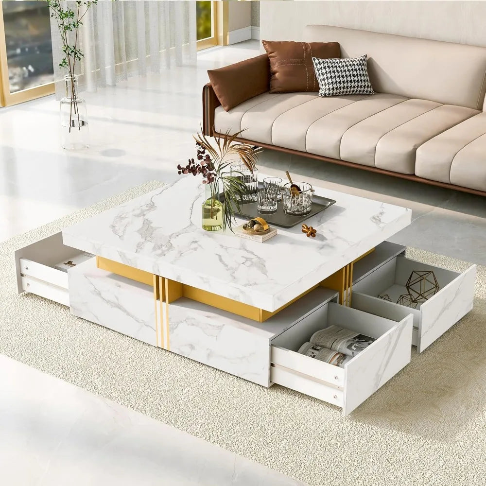 Modern Square Coffee Table with 4 Drawers Contemporary Luxury Center Table with Gold Accents