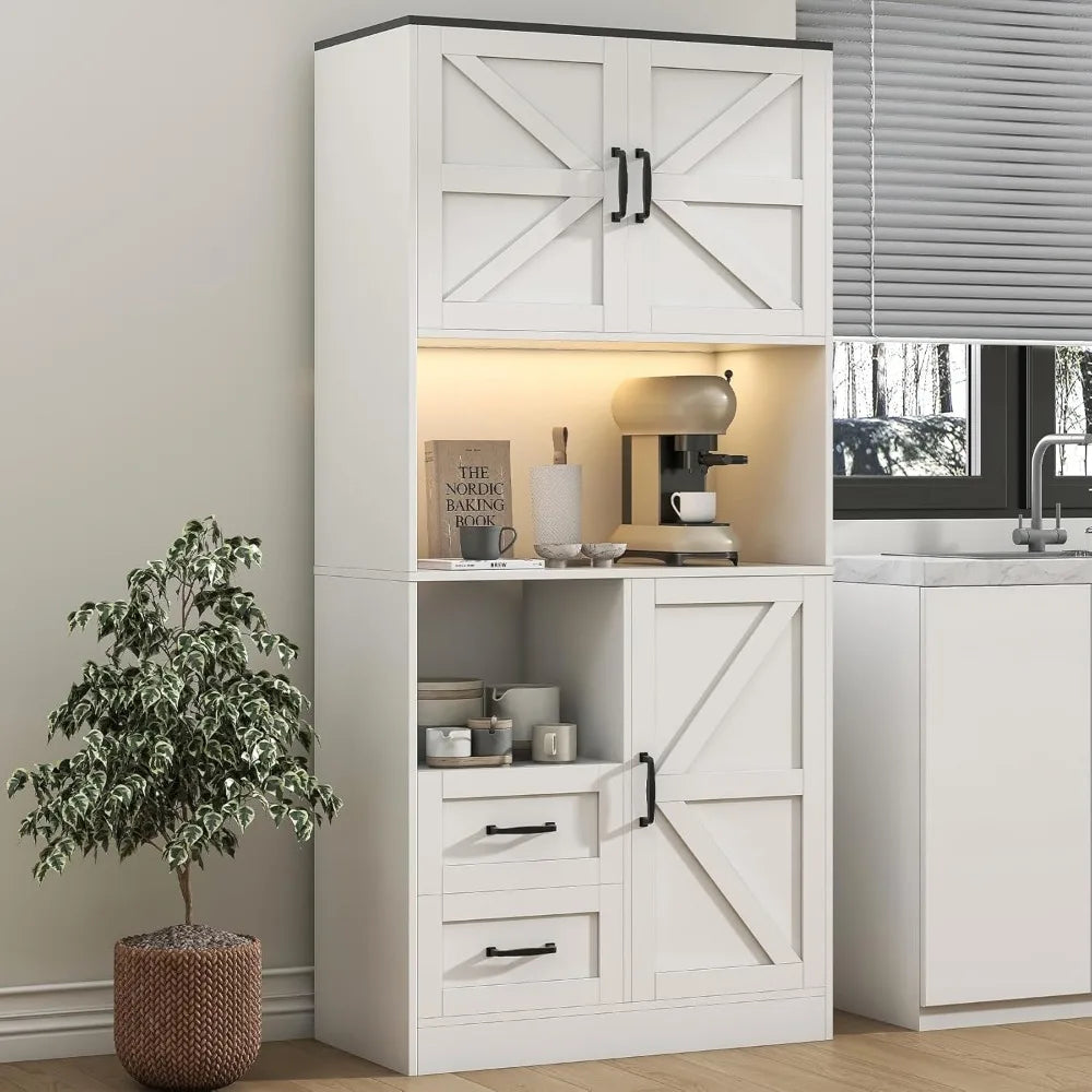 Kitchen Pantry Storage Cabinet with LED Lights and Power Strip Tall Farmhouse Kitchen Pantry with Barn Doors and Drawers