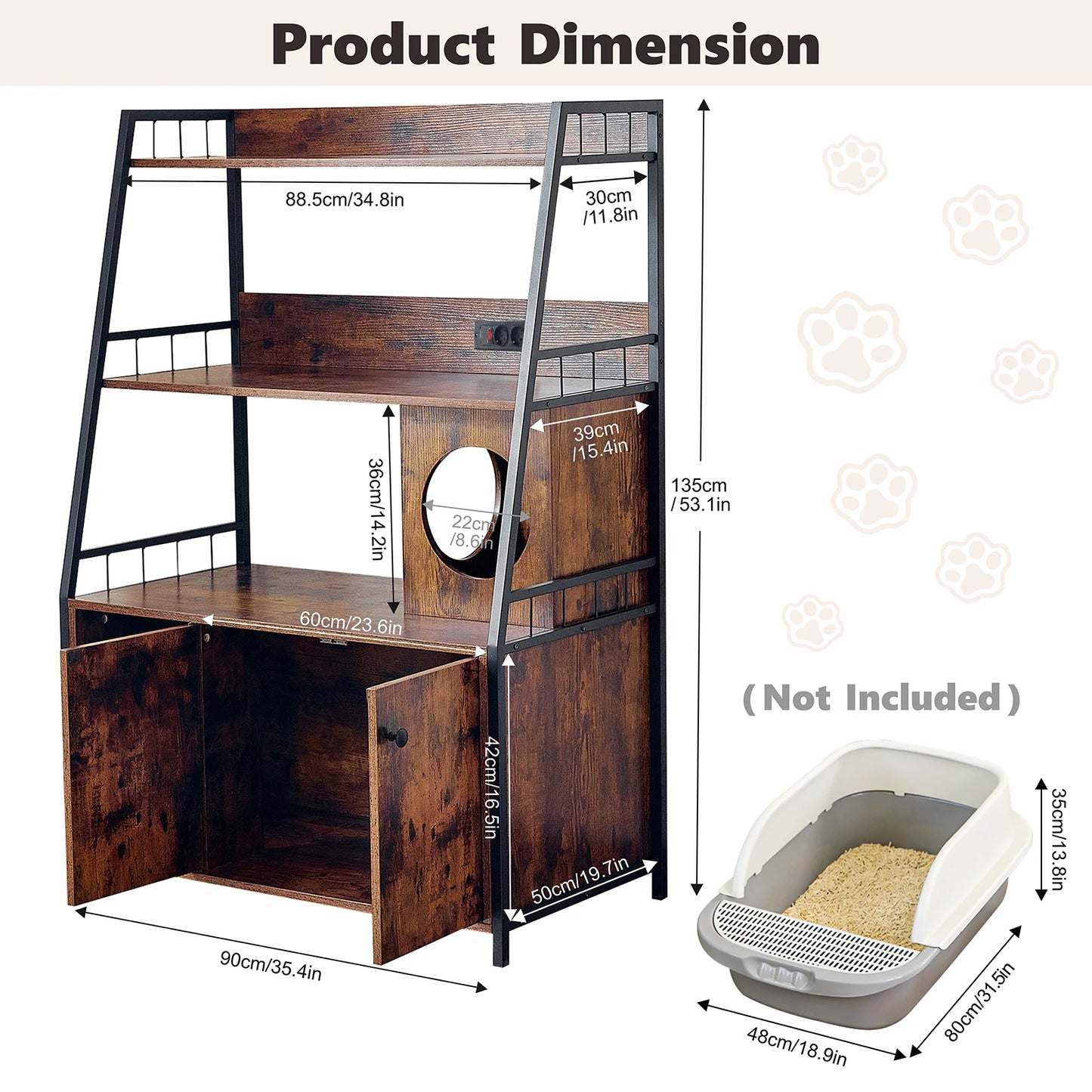 Redlife Cat Litter Box Enclosure w/ 3 Shelves and Doors, 3 in 1 Large Cat House Cabinet Wood Cat Washroom Furniture with Scratch