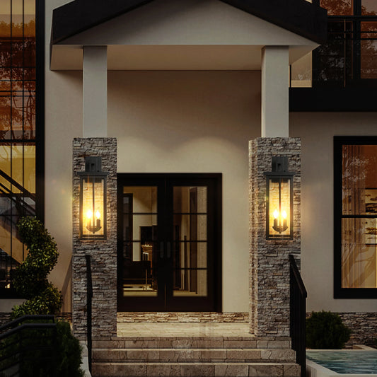 22 Inch Outdoor Wall Lantern with Dusk to Dawn Sensor Matte Black Finish Clear Glass Panels Weatherproof Exterior Light