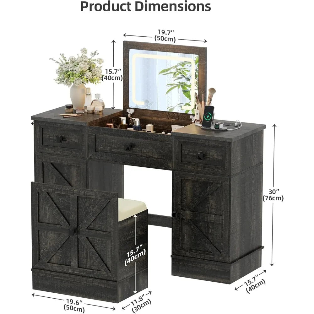 Farmhouse Vanity Desk with Flip Top Mirror and Lights Makeup Vanity Table with Adjustable Cabinets and Hidden Storage