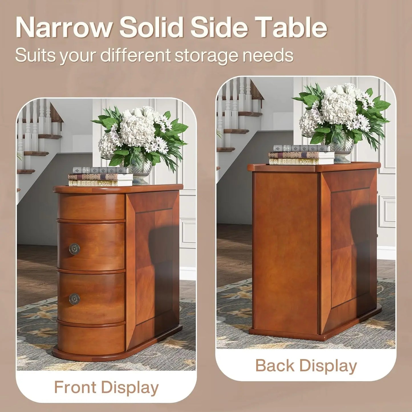 Wood End Table Set of 2 Narrow Solid Side Table 2 Drawer Slim Chair Side Table No Assembly Required Finished Back Walnut